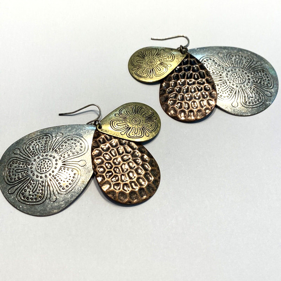 Boho Pierced Earrings Huge Embossed Teardrops Gold Silver Copper Festival Chic - Picture 5 of 7